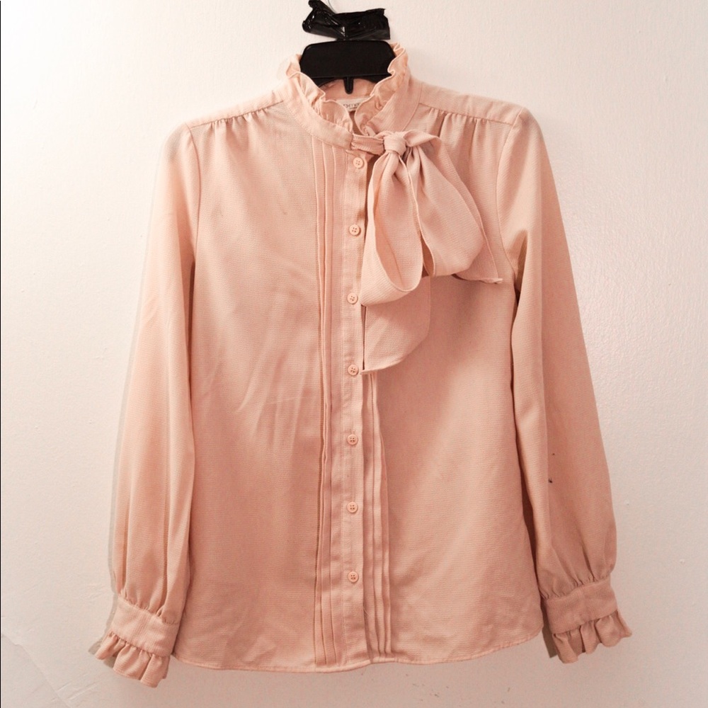 Pink Blouse with Ruffles and Ascot-Style Tie